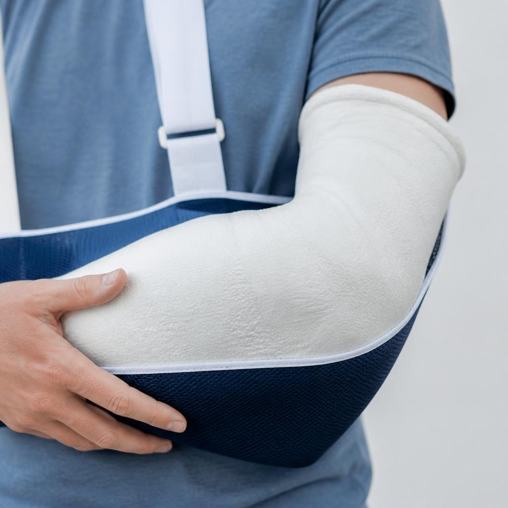 Injured person walking with crutches and a cast